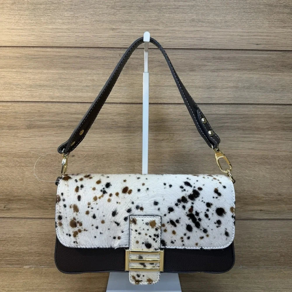 Divine Firenze Italy Calf Hair Cowhide Leather Baguette Flap Shoulder Bag Purse